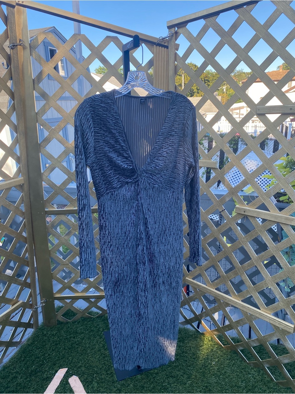 SHEIN Charcoal Crinkle Plunge V-Neck Long Sleeve Midi Dress